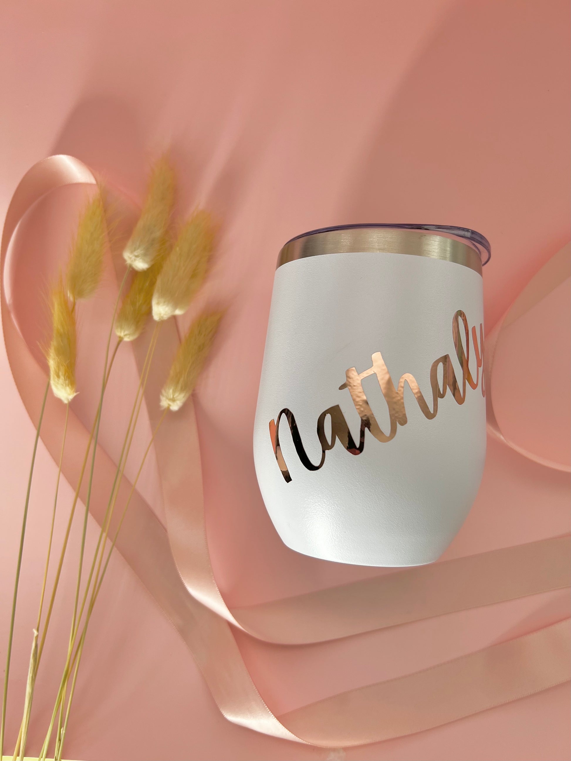 White personalized Stainless Steel 12oz insulated Tumbler with lid (Dishwasher Safe on normal cycle) Personalize with name or phrase and choose your text color and font