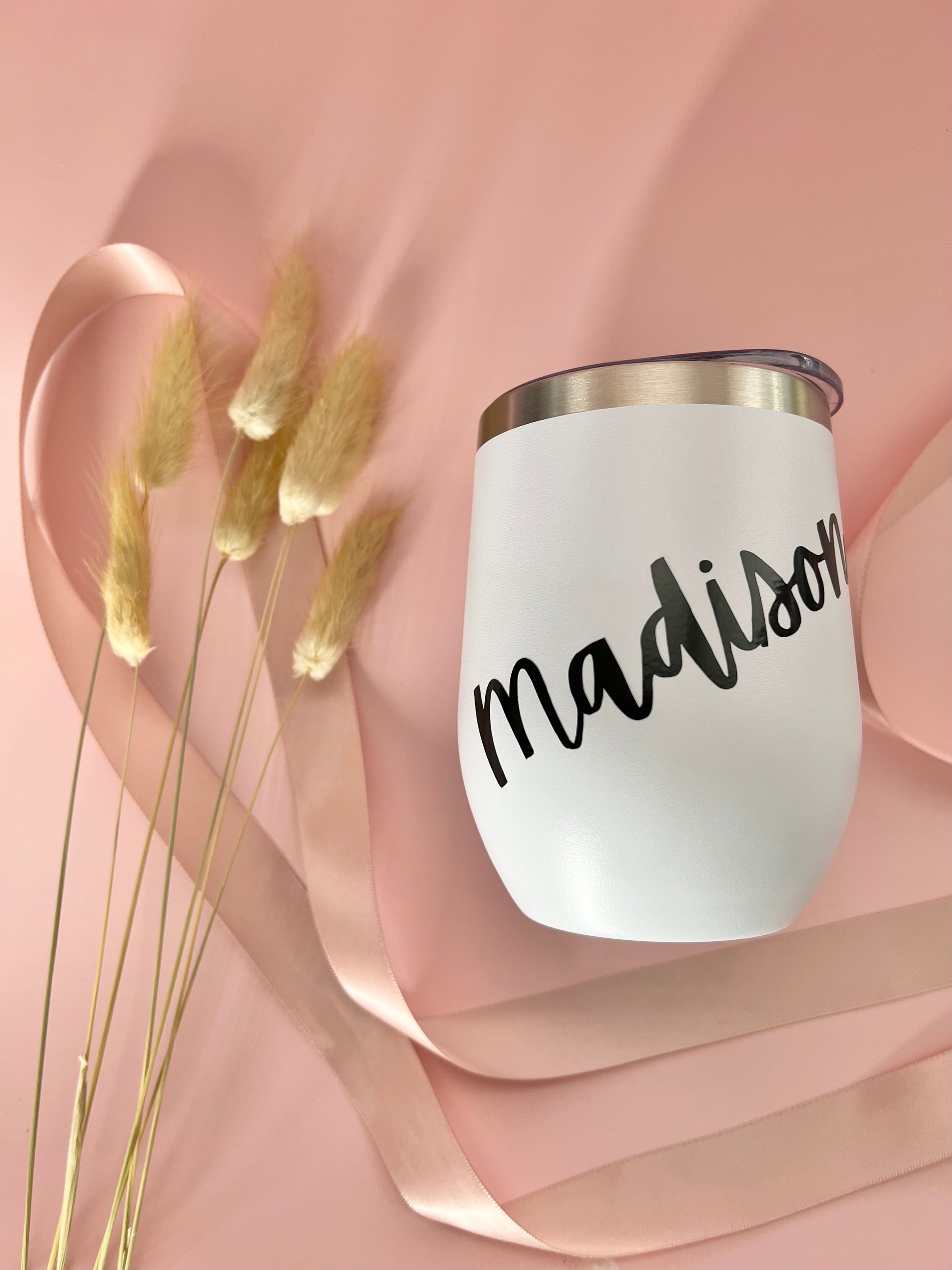 White personalized Stainless Steel 12oz insulated Tumbler with lid (Dishwasher Safe on normal cycle) Personalize with name or phrase and choose your text color and font