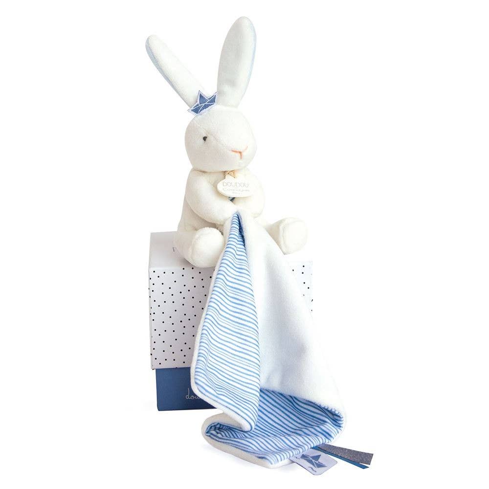 Plush sailor bunny with safety blanket attached